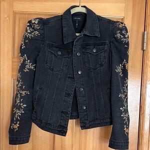 DRIFTWOOD Black Denim Jacket with Floral Embroidered Puff Sleeves